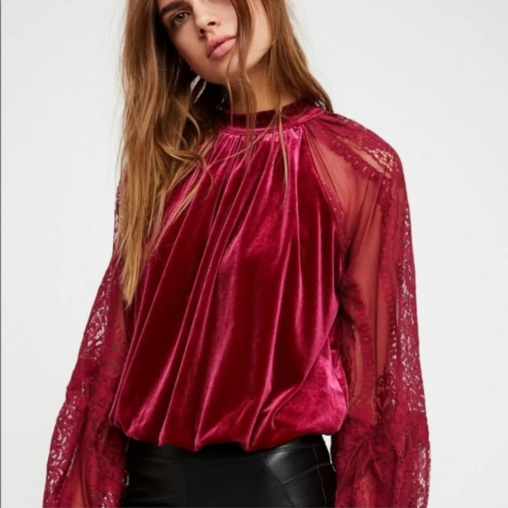 Free People Dream Team Red Velvet Lace Top Small Raspberry Small Whimsigoth